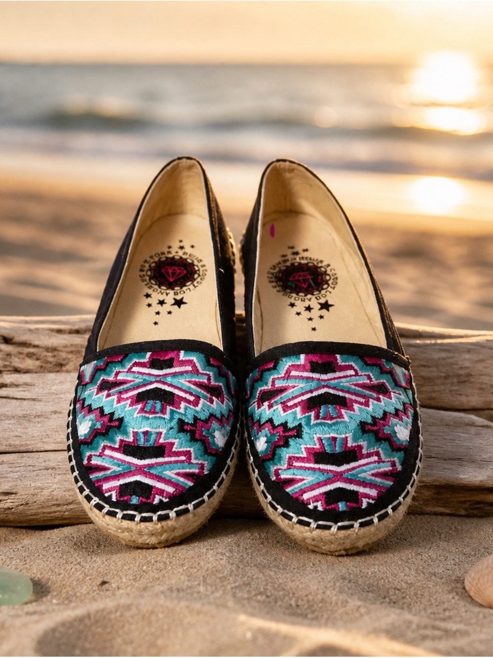 Rock & Candy Black Espadrille Slip-Ons with Pink & Teal Embroidered Pattern - Picture 5 of 9
